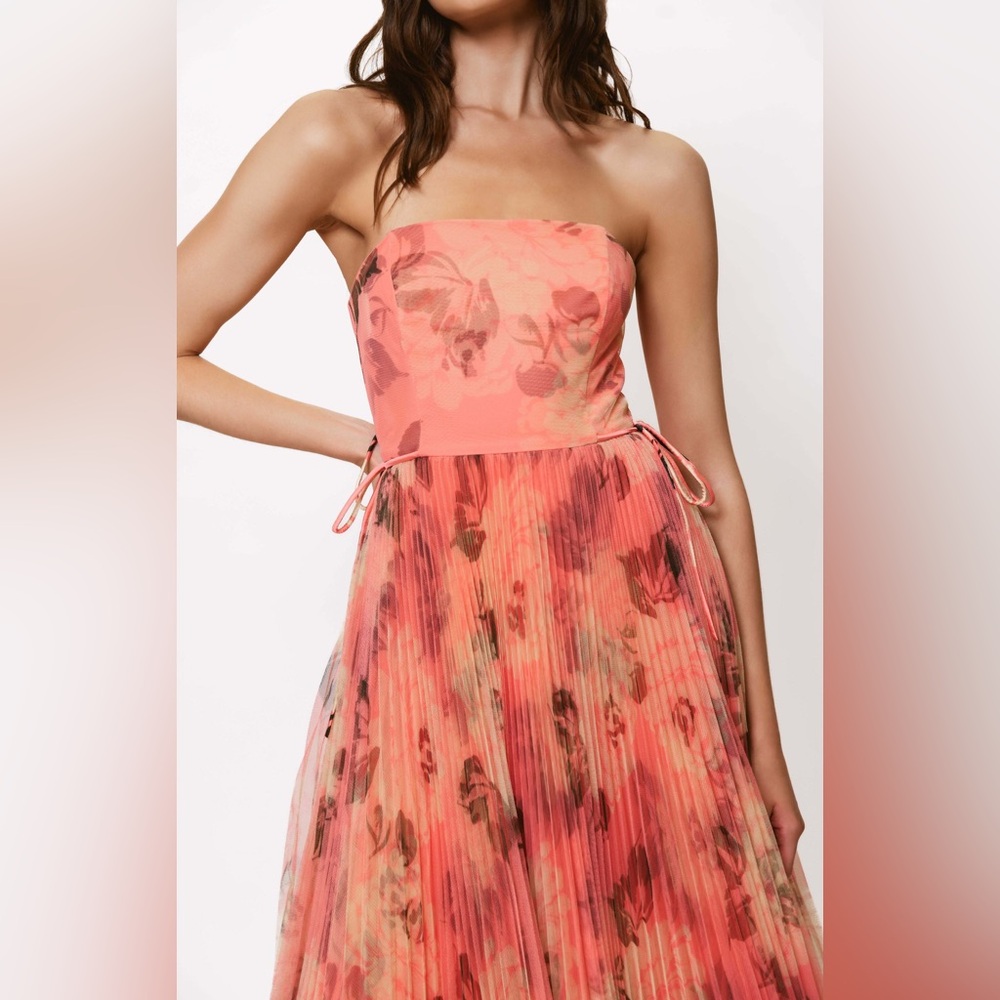 Hutch Coral Floral Strapless Pleated Midi Dress - Picture 6 of 9